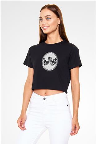 Bilek Güreşi - Arm Wrestling Baskılı Crop Top Siyah Kadın Tişört - Tshirt