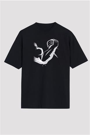 Bilek Güreşi - Arm Wrestling Baskılı Unisex Siyah Oversize Tişört
