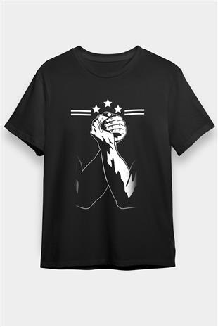 Bilek Güreşi - Arm Wrestling Baskılı Unisex Siyah Tişört - Tshirt