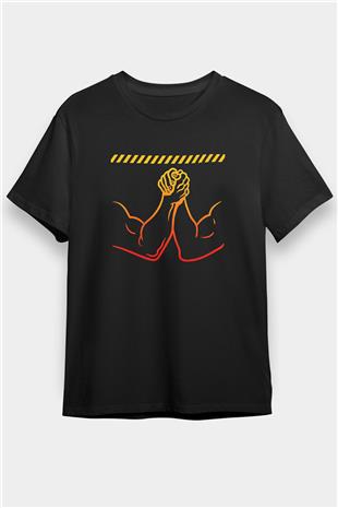 Bilek Güreşi - Arm Wrestling Baskılı Unisex Siyah Tişört - Tshirt