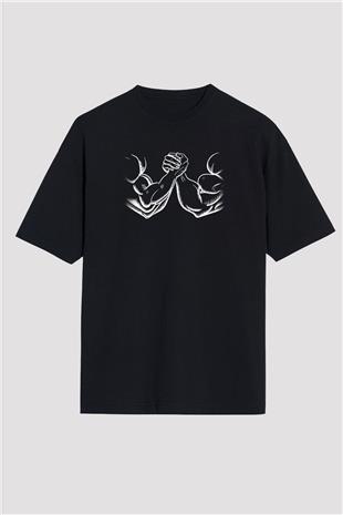 Bilek Güreşi - Arm Wrestling Baskılı Unisex Siyah Oversize Tişört