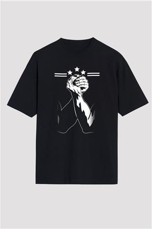 Bilek Güreşi - Arm Wrestling Baskılı Unisex Siyah Oversize Tişört