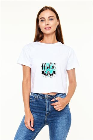 Bilek Güreşi Baskılı Crop Top Beyaz Tişört - T-shirt