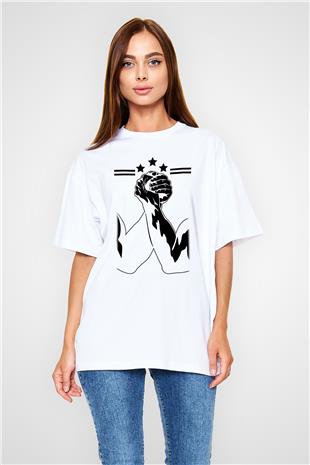 Bilek Güreşi Baskılı Unisex Beyaz Oversize Tişört - Tshirt