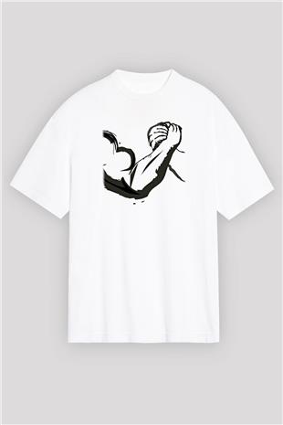 Bilek Güreşi Baskılı Unisex Beyaz Oversize Tişört - Tshirt
