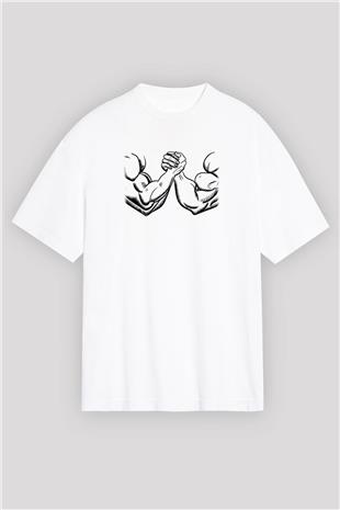 Bilek Güreşi Baskılı Unisex Beyaz Oversize Tişört - Tshirt