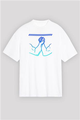 Bilek Güreşi Baskılı Unisex Beyaz Oversize Tişört - Tshirt