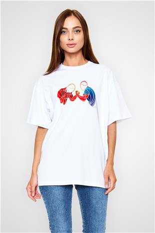 Bilek Güreşi Baskılı Unisex Beyaz Oversize Tişört - Tshirt