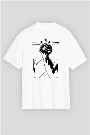 Bilek Güreşi Baskılı Unisex Beyaz Oversize Tişört - Tshirt
