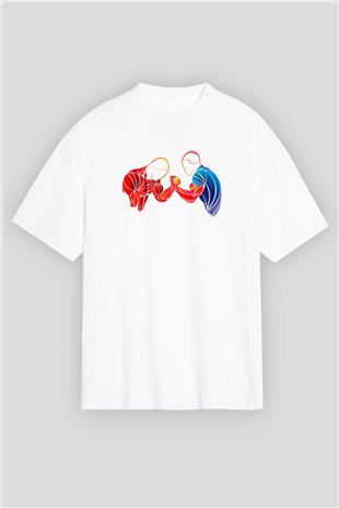 Bilek Güreşi Baskılı Unisex Beyaz Oversize Tişört - Tshirt