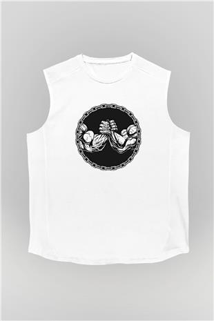 Bilek Güreşi Baskılı Unisex Kolsuz Beyaz Tişört