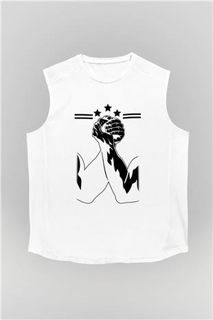 Bilek Güreşi Baskılı Unisex Kolsuz Beyaz Tişört