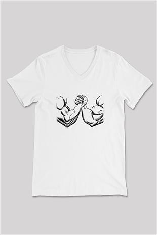 Bilek Güreşi Baskılı Unisex V Yaka Tişört - Tshirt