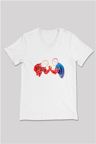 Bilek Güreşi Baskılı Unisex V Yaka Tişört - Tshirt