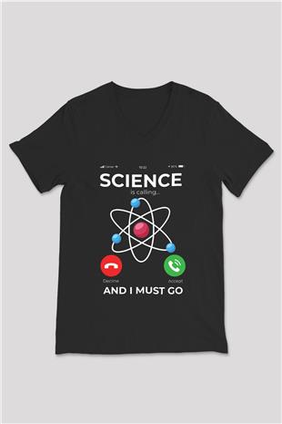Bilim Arıyor Baskılı Unisex V Yaka Siyah Tİşört - Tshirt