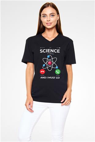 Bilim Arıyor Baskılı Unisex V Yaka Siyah Tİşört - Tshirt