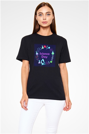 Bilim Atom Gezegen Dna Baskılı Unisex Siyah Tişört