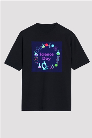 Bilim Atom Gezegen Dna Baskılı Unisex Siyah Oversize Tişört