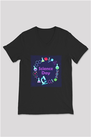 Bilim Atom Gezegen Dna Baskılı Unisex Siyah V Yaka Tişört