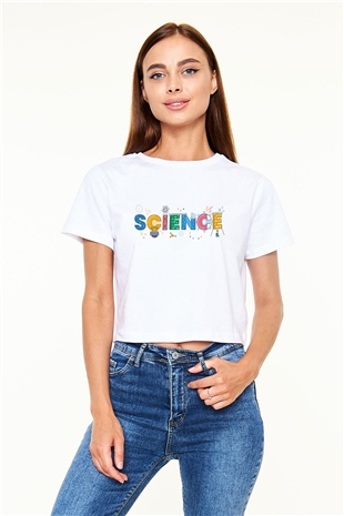 Bilim Atom Mıknatıs Baskılı Beyaz Kadın Crop Top Tişört