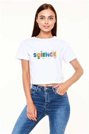 Bilim Atom Mıknatıs Baskılı Beyaz Kadın Crop Top Tişört