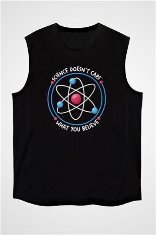 Bilim Atom Yazılı Baskılı Unisex Kolsuz Siyah Tişört - Tshirt