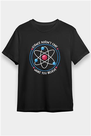 Bilim Atom Yazılı Baskılı Unisex Siyah Tişört - Tshirt