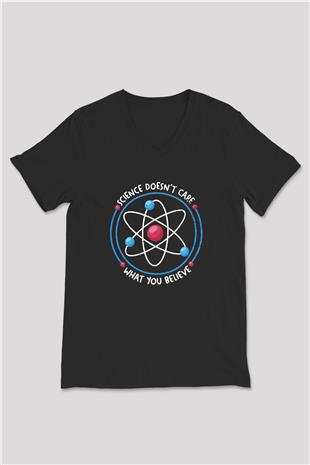 Bilim Atom Yazılı Baskılı Unisex V Yaka Siyah Tİşört - Tshirt