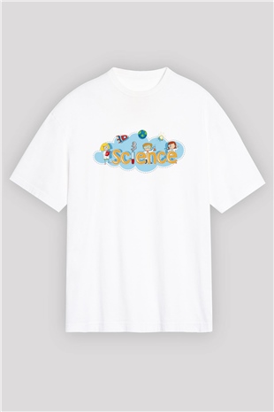 Bilim Baskılı Unisex Beyaz Oversize Tişört
