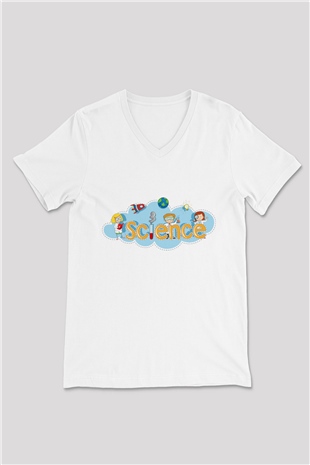 Bilim Baskılı Unisex Beyaz V Yaka Tişört