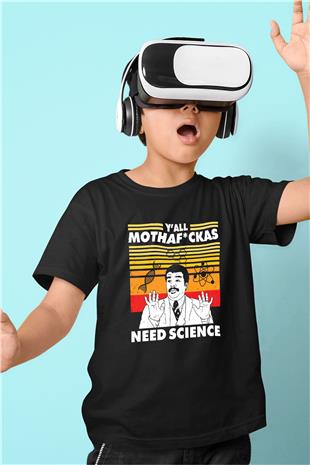 Bilim Baskılı Unisex Siyah Çocuk Tişörtü - Tshirt
