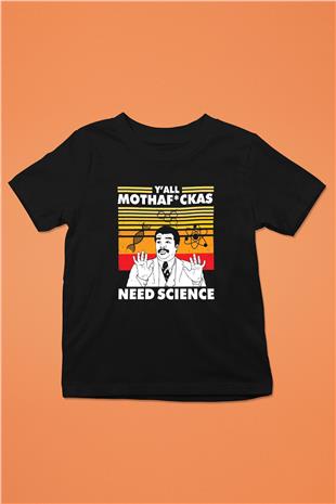 Bilim Baskılı Unisex Siyah Çocuk Tişörtü - Tshirt