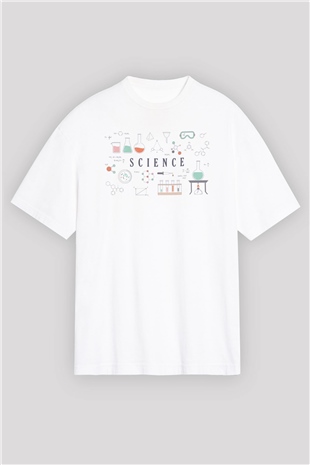Bilim Deney Ekipmanları Baskılı Unisex Beyaz Oversize Tişört
