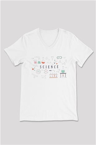 Bilim Deney Ekipmanları Baskılı Unisex Beyaz V Yaka Tişört