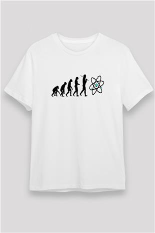 Bilim Evrim Atom Baskılı Unisex Beyaz Tişört - Tshirt