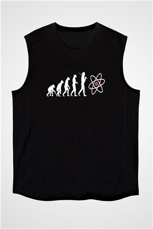 Bilim Evrim Atom Baskılı Unisex Kolsuz Siyah Tişört - Tshirt