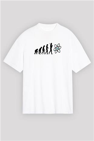 Bilim Evrim Atom Baskılı Unisex Oversize Beyaz Tişört - Tshirt