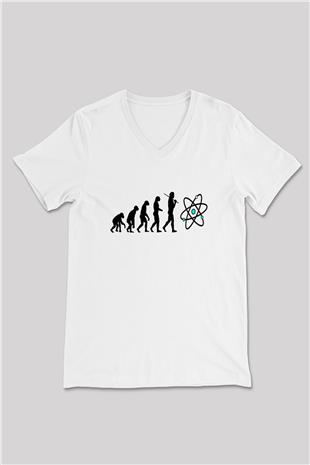 Bilim Evrim Atom Baskılı Unisex V Yaka Beyaz Tişört - Tshirt