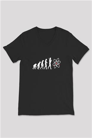 Bilim Evrim Atom Baskılı Unisex V Yaka Siyah Tİşört - Tshirt