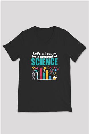 Bilim Fizik Kimya Biyoloji Baskılı Unisex V Yaka Siyah Tİşört - Tshirt