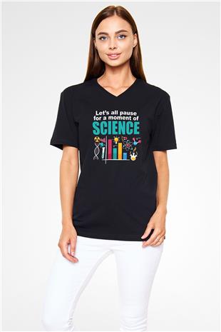 Bilim Fizik Kimya Biyoloji Baskılı Unisex V Yaka Siyah Tİşört - Tshirt