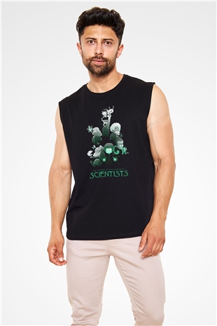Bilim İnsanları Baskılı Unisex Siyah Kolsuz Tişört