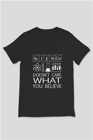 Bilim Laboratuar Araçları Baskılı Unisex V Yaka Siyah Tİşört - Tshirt
