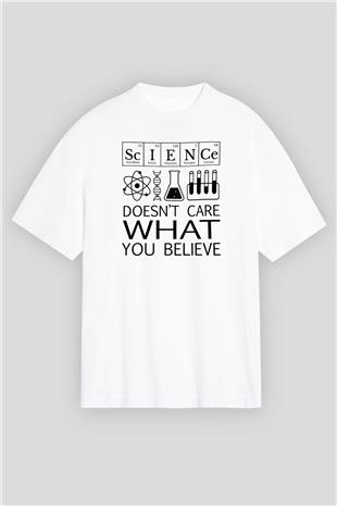 Bilim Laboratuar Araçları Baskılı Unisex Oversize Beyaz Tişört - Tshirt