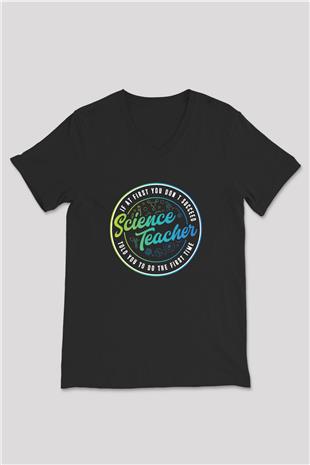Bilim Öğretmeni Baskılı Unisex V Yaka Siyah Tİşört - Tshirt