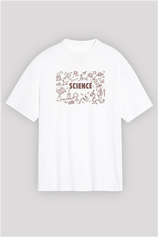 Bilim Sembolleri Baskılı Unisex Beyaz Oversize Tişört