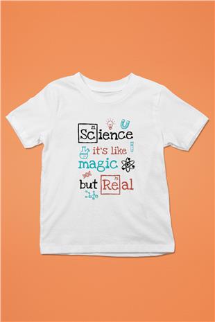 Bilim Sihir Baskılı Unisex Beyaz Çocuk Tişörtü - Tshirt