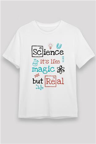 Bilim Sihir Baskılı Unisex Beyaz Tişört - Tshirt
