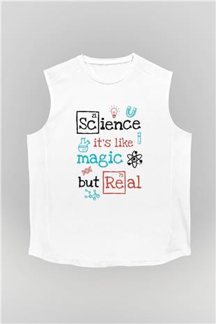 Bilim Sihir Baskılı Unisex Kolsuz Beyaz Tişört - Tshirt