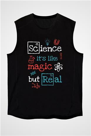Bilim Sihir Baskılı Unisex Kolsuz Siyah Tişört - Tshirt